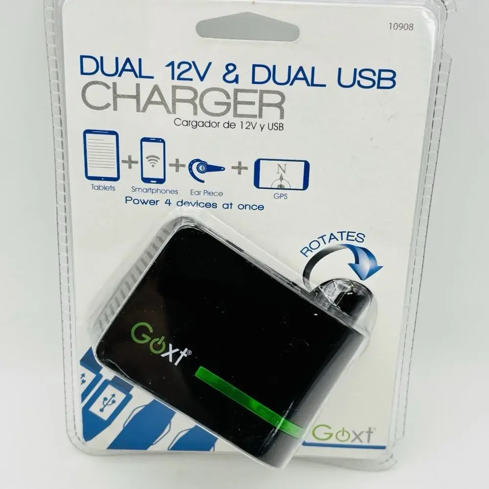 Goxt Dual 12V & Dual USB Charger for Cigarette Lighter 4 devices at once Sealed